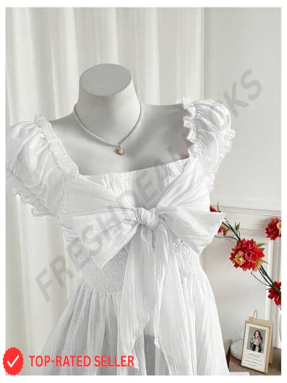 Women's Summer Puff Sleeve Peplum Blouse Smocked Tie Bow Chiffon Top Size XS-L - Picture 4 of 5